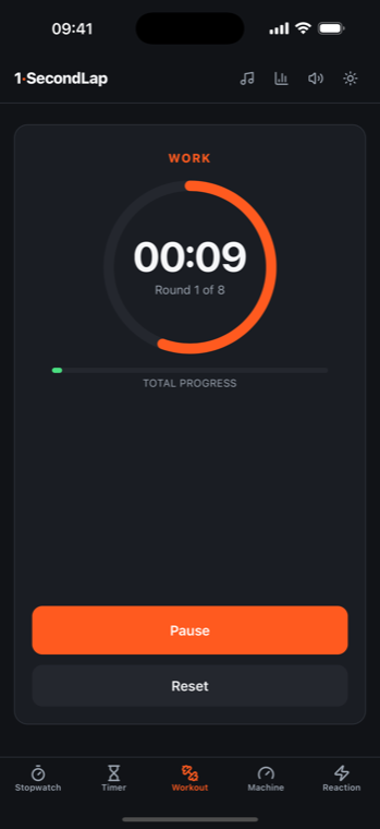 An interval workout mid-session: a large orange progress ring counting down nine seconds of a work phase, round 1 of 8, above a total progress bar.