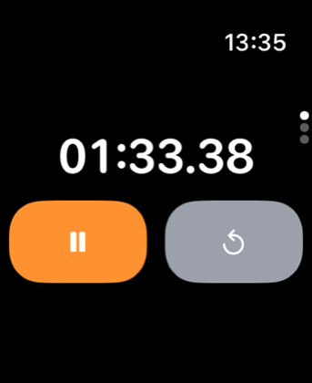 The 1SecondLap Apple Watch app showing a running stopwatch.